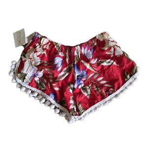 Wonderland Honolulu Shorts Elastic Waist Pom Pom Trim Tropical Red White Size M